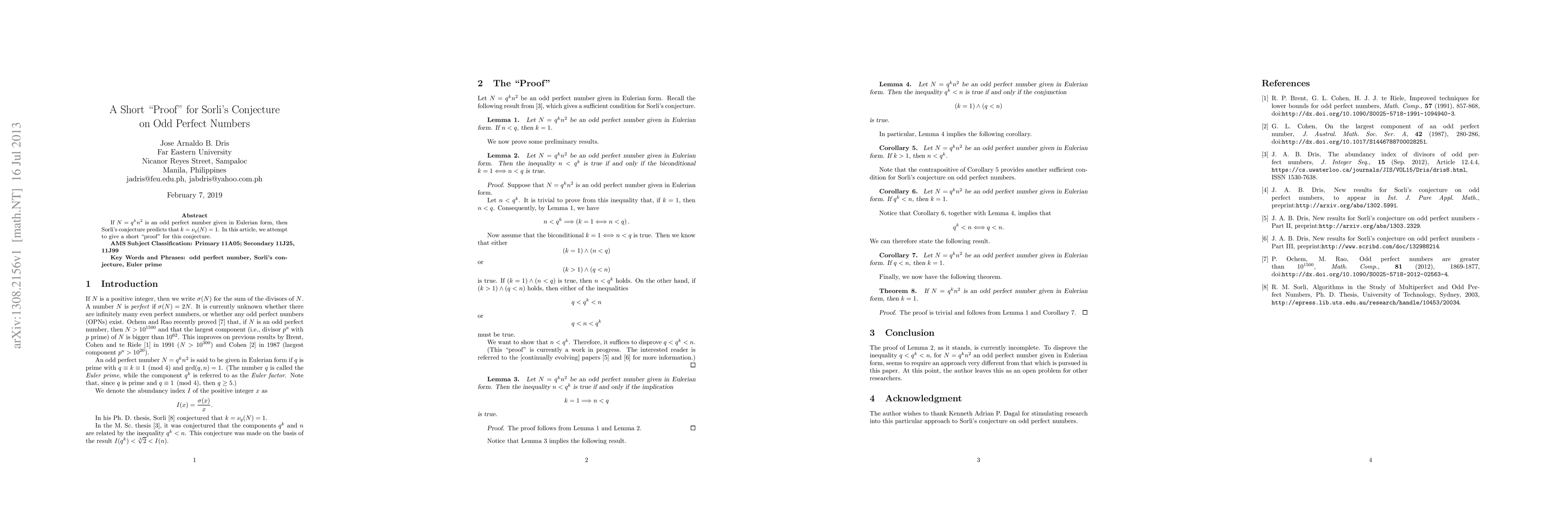 Thumbnail for A short proof for the Descartes-Frenicle-Sorli conjecture on odd perfect
  numbers