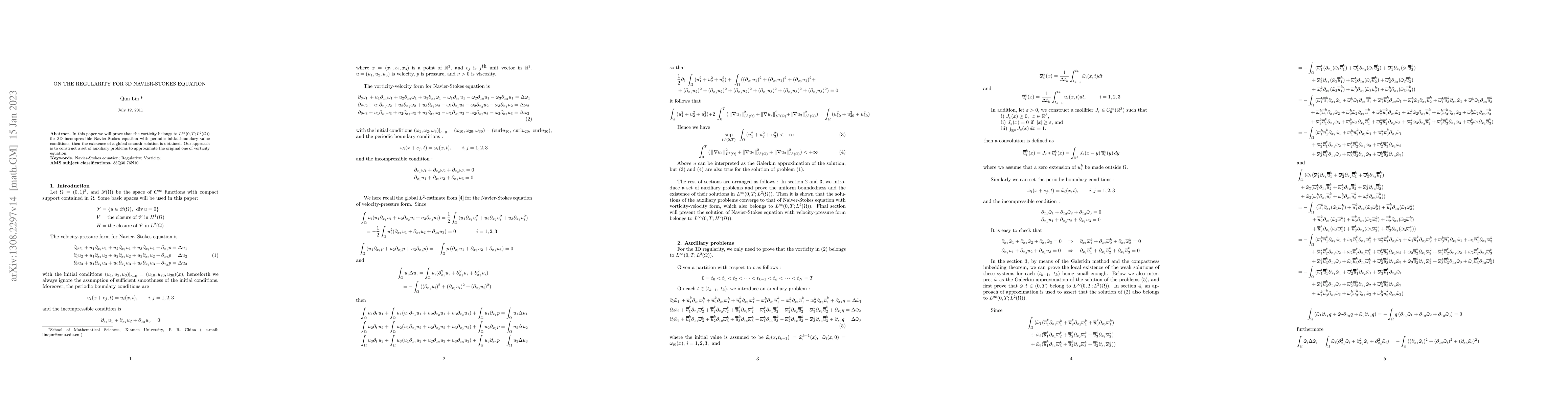 Thumbnail for On the Regularity for 3D Navier-Stokes Equation