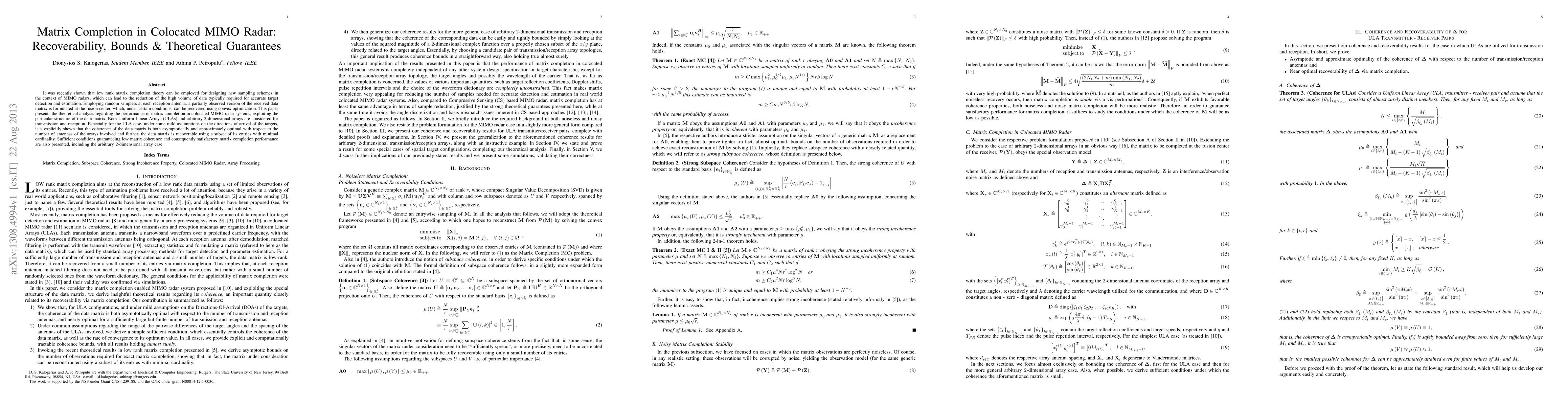 Thumbnail for Matrix Completion in Colocated MIMO Radar: Recoverability, Bounds &
  Theoretical Guarantees
