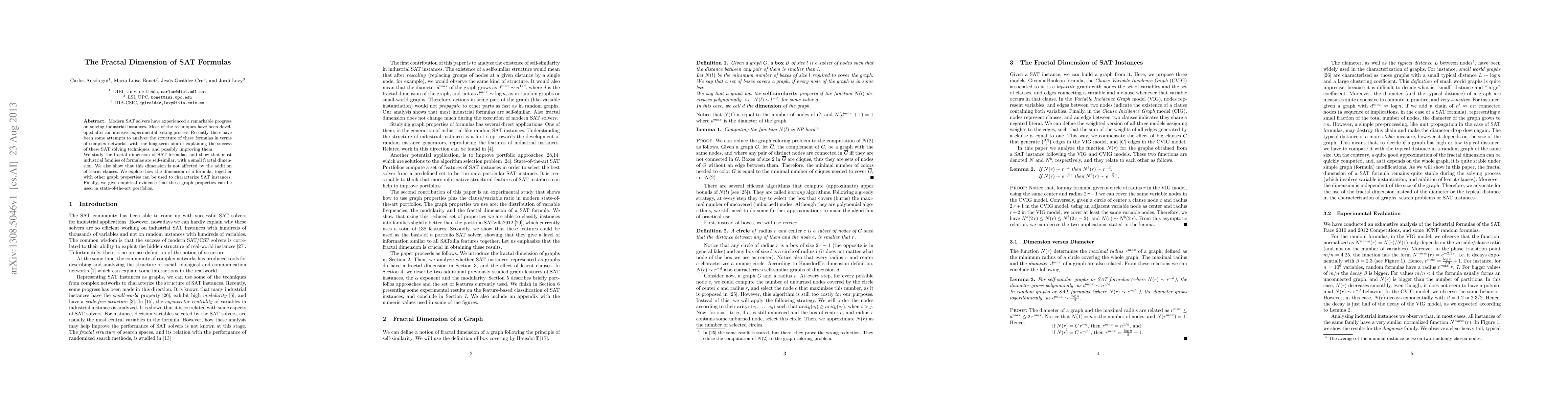 Thumbnail for The Fractal Dimension of SAT Formulas
