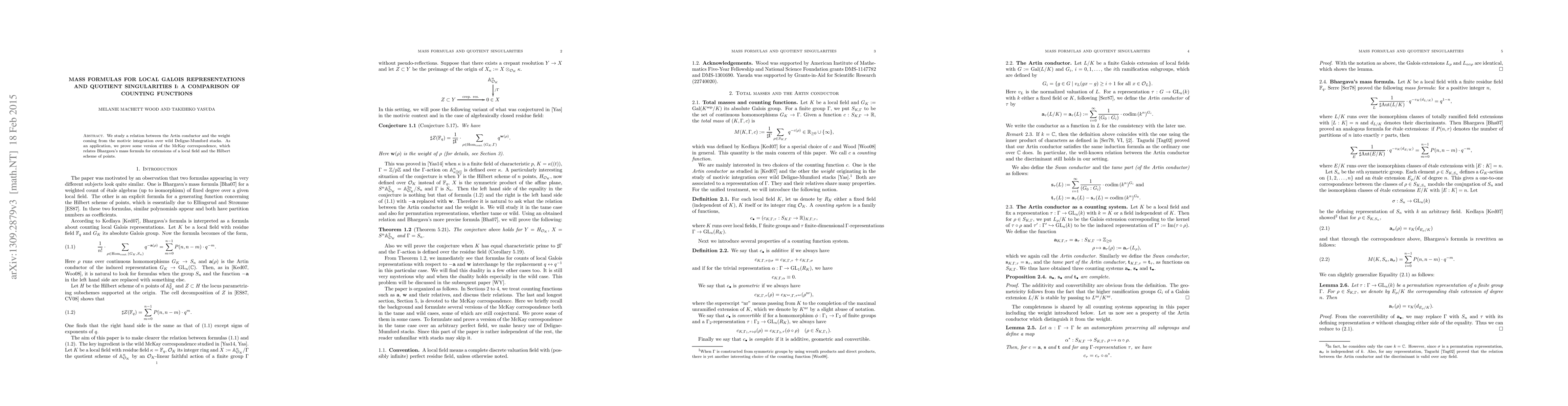 Thumbnail for Mass formulas for local Galois representations and quotient
  singularities I: a comparison of counting functions