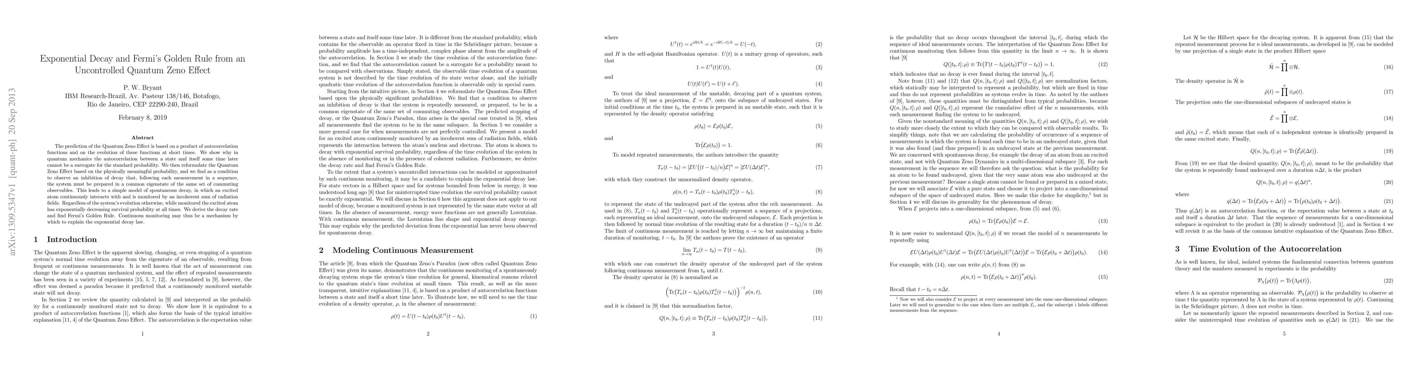 Thumbnail for Exponential Decay and Fermi's Golden Rule from an Uncontrolled Quantum
  Zeno Effect