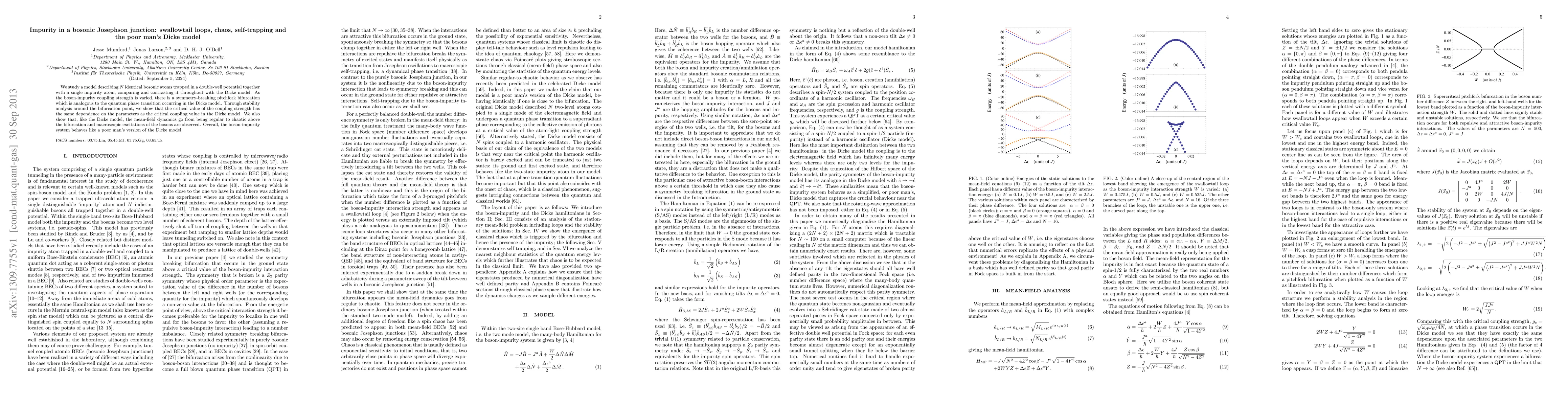 Thumbnail for Impurity in a bosonic Josephson junction: swallowtail loops, chaos,
  self-trapping and the poor man's Dicke model