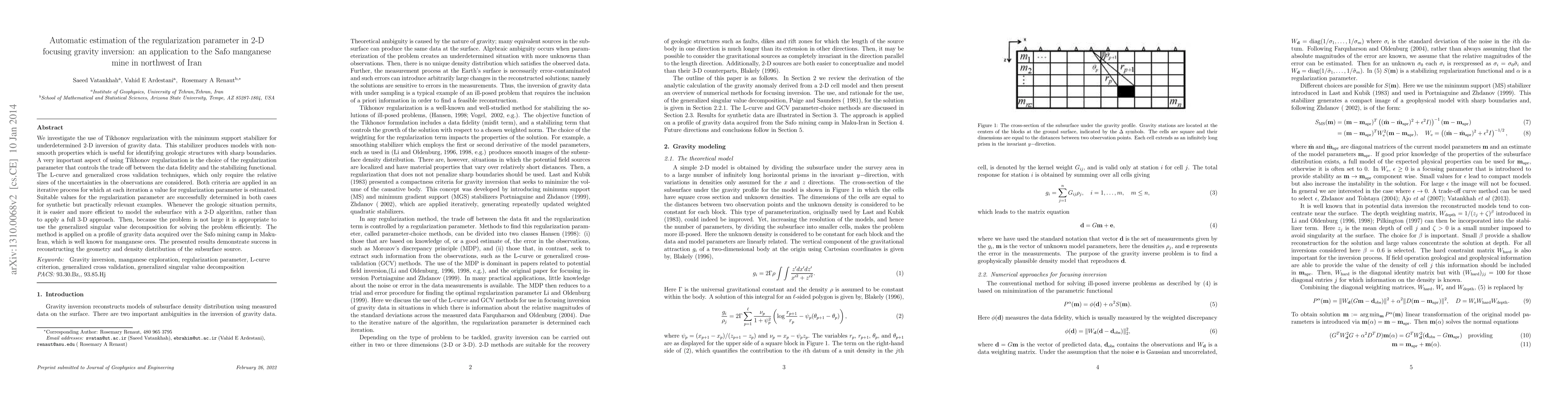 Thumbnail for Automatic estimation of the regularization parameter in 2-D focusing
  gravity inversion: an application to the Safo manganese mine in northwest of
  Iran