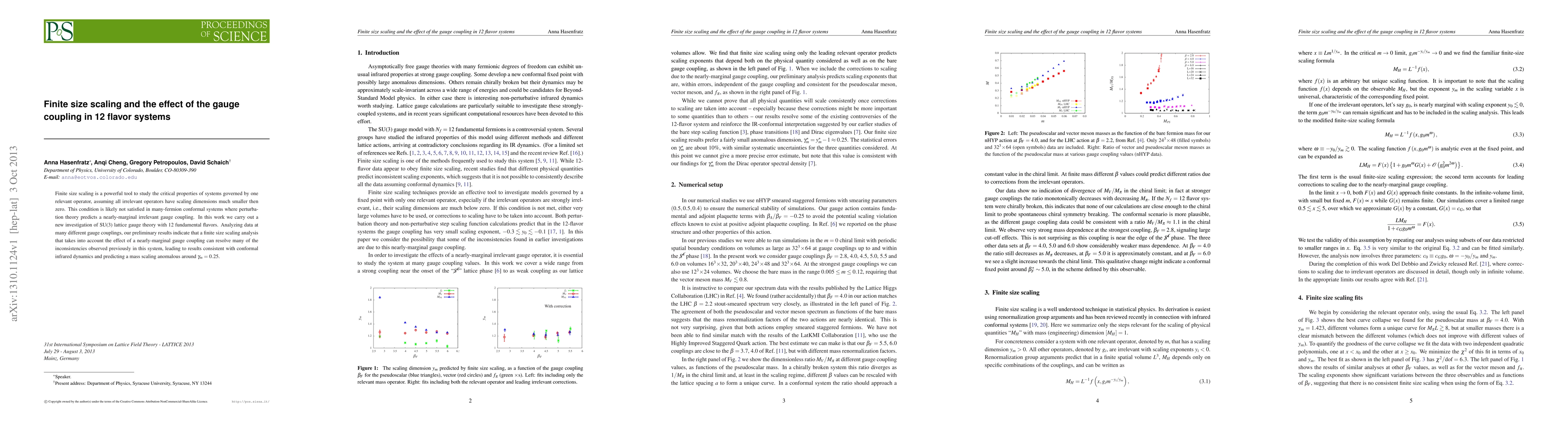 Thumbnail for Finite size scaling and the effect of the gauge coupling in 12 flavor
  systems