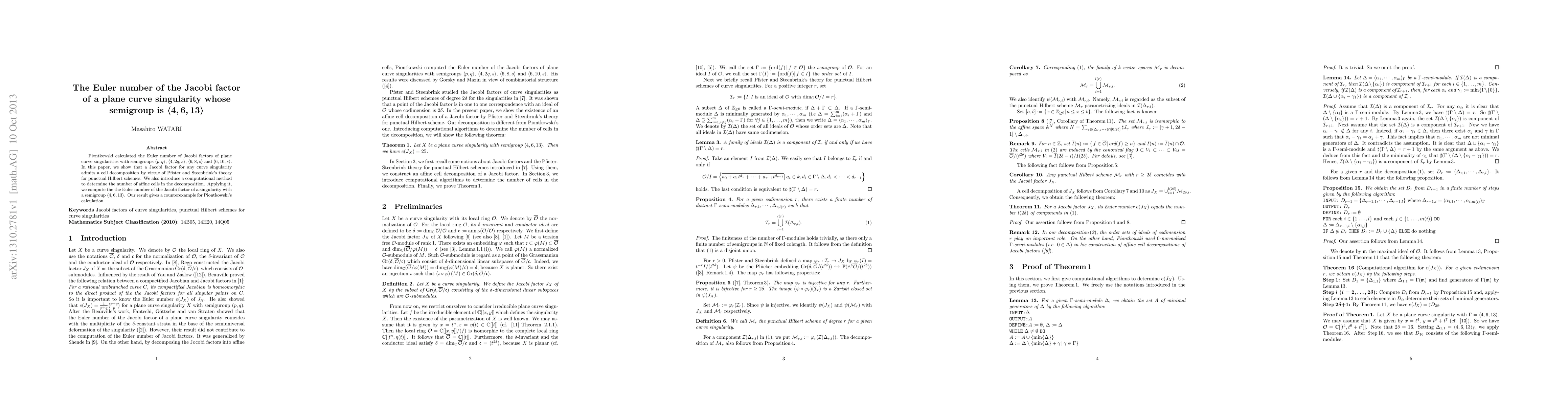 Thumbnail for The Euler number of the Jacobi factor of a plane curve singularity whose
  semigroup is $\langle4,6,13\rangle$