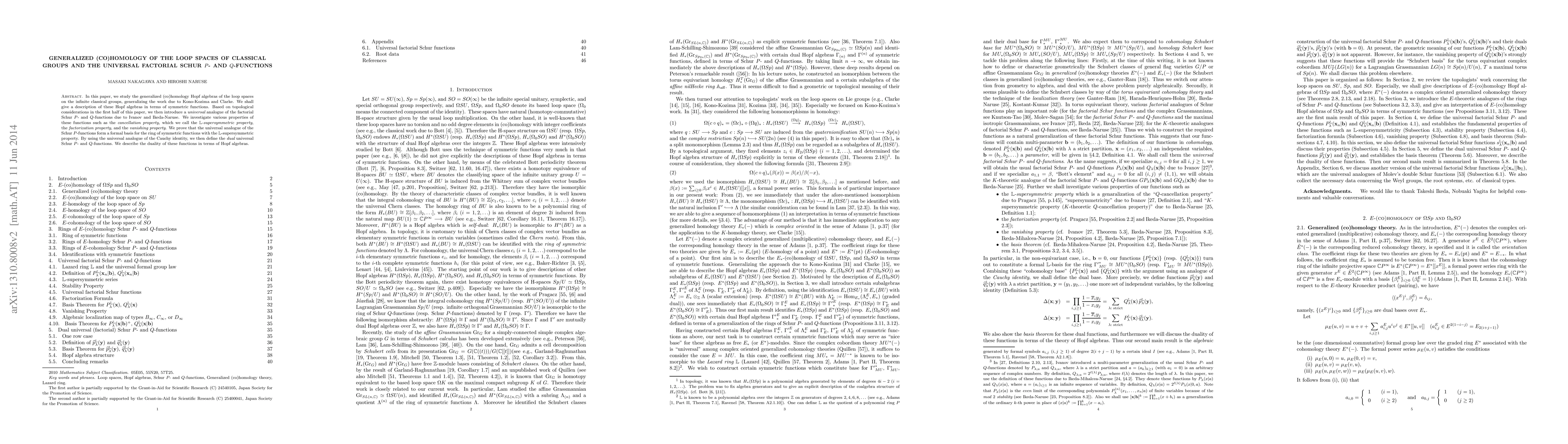 Thumbnail for Generalized (co)homology of the loop spaces of classical groups and the
  universal factorial Schur $P$- and $Q$-functions
