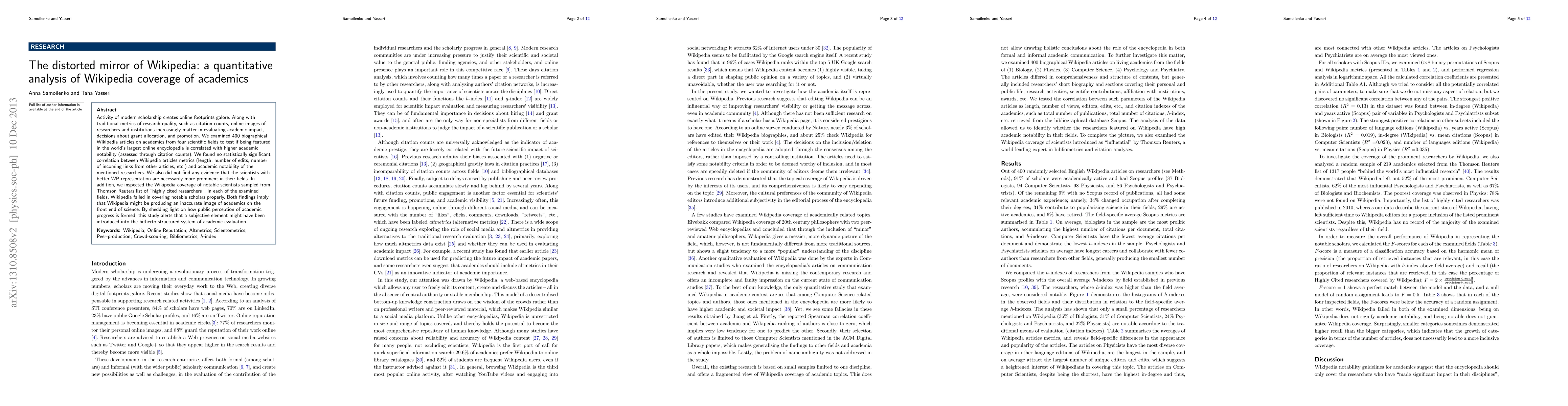 Thumbnail for The distorted mirror of Wikipedia: a quantitative analysis of Wikipedia
  coverage of academics