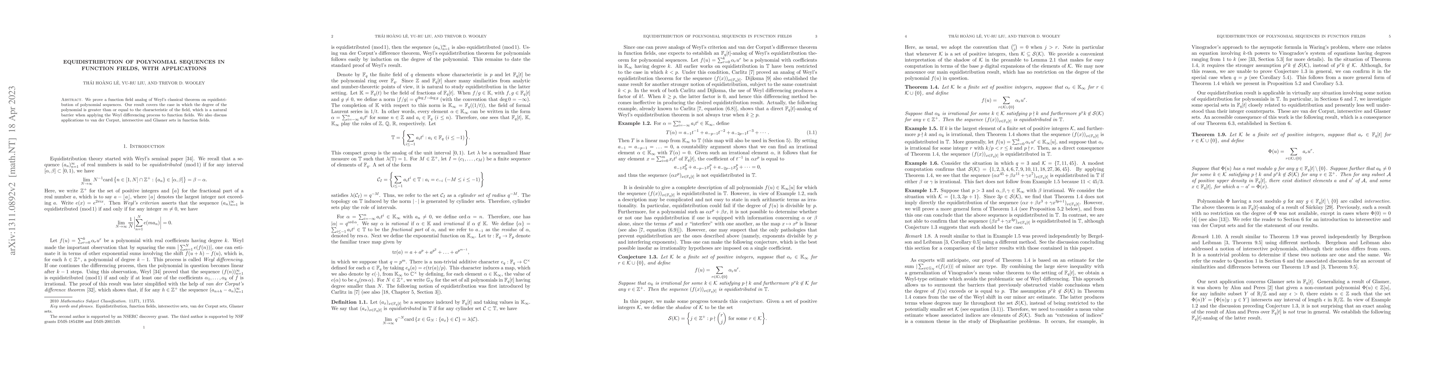 Thumbnail for Equidistribution of polynomial sequences in function fields, with
  applications