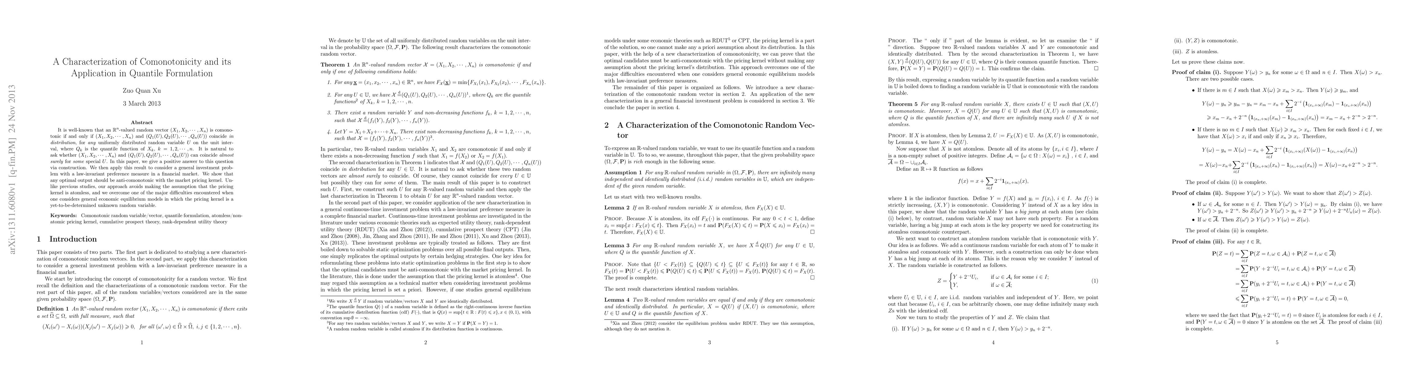 Thumbnail for A New Characterization of Comonotonicity and its Application in
  Behavioral Finance