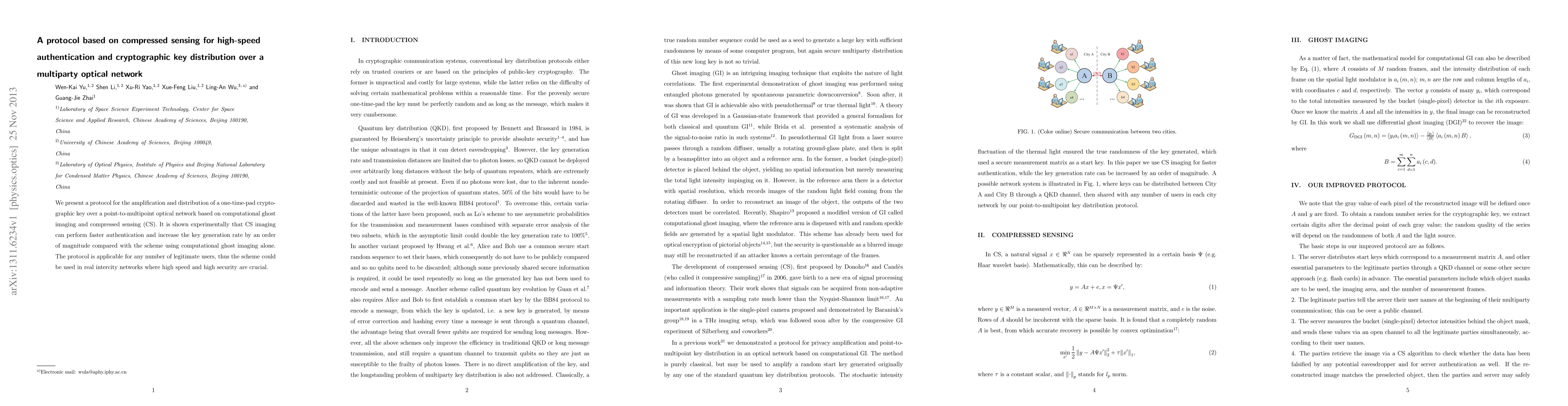 Thumbnail for Protocol based on compressed sensing for high-speed authentication and
  cryptographic key distribution over a multiparty optical network