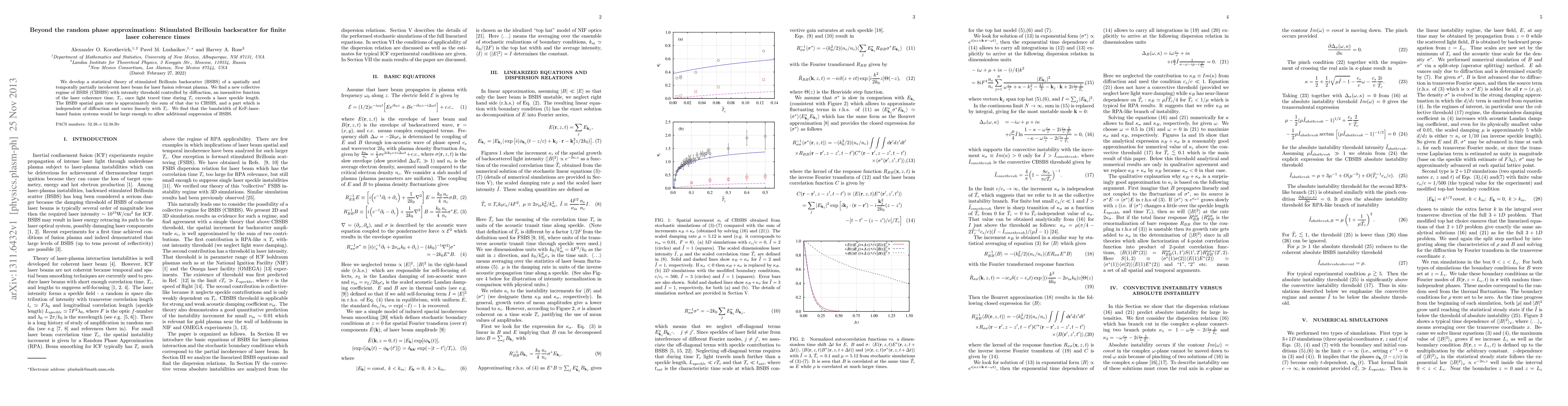 Thumbnail for Beyond the random phase approximation: Stimulated Brillouin backscatter
  for finite laser coherence times