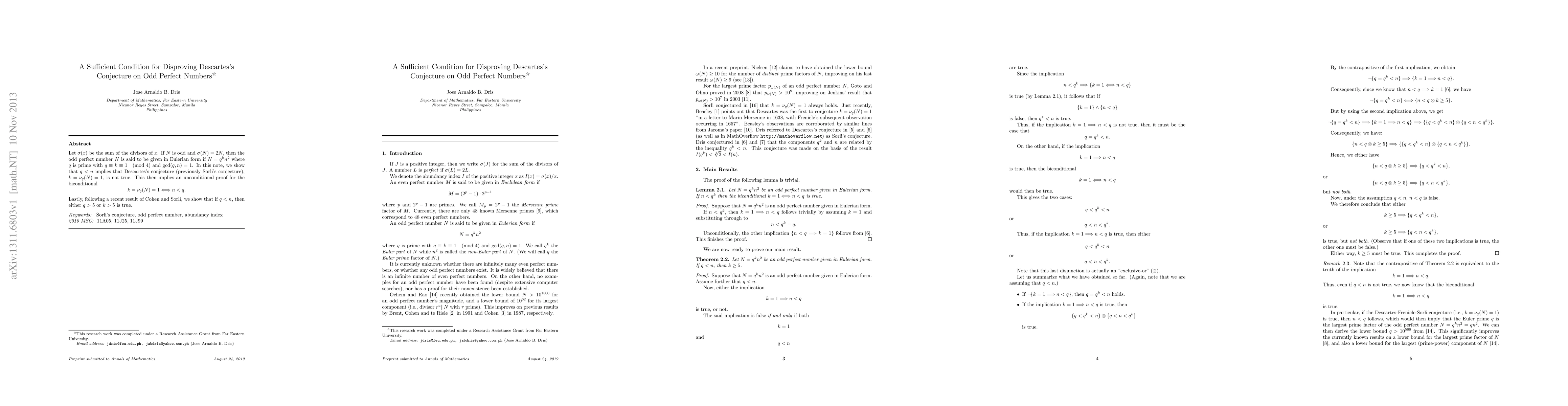 Thumbnail for A Sufficient Condition for Disproving Descartes's Conjecture on Odd
  Perfect Numbers