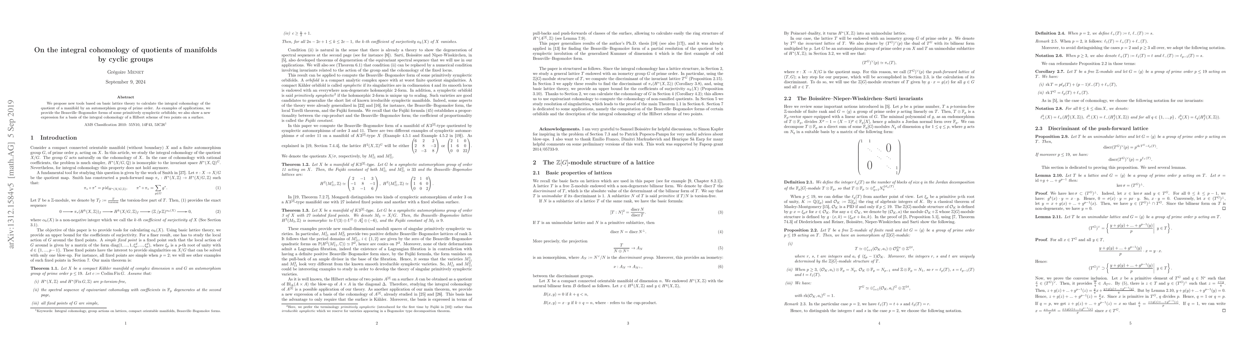 Thumbnail for On the integral cohomology of quotients of manifolds by cyclic groups