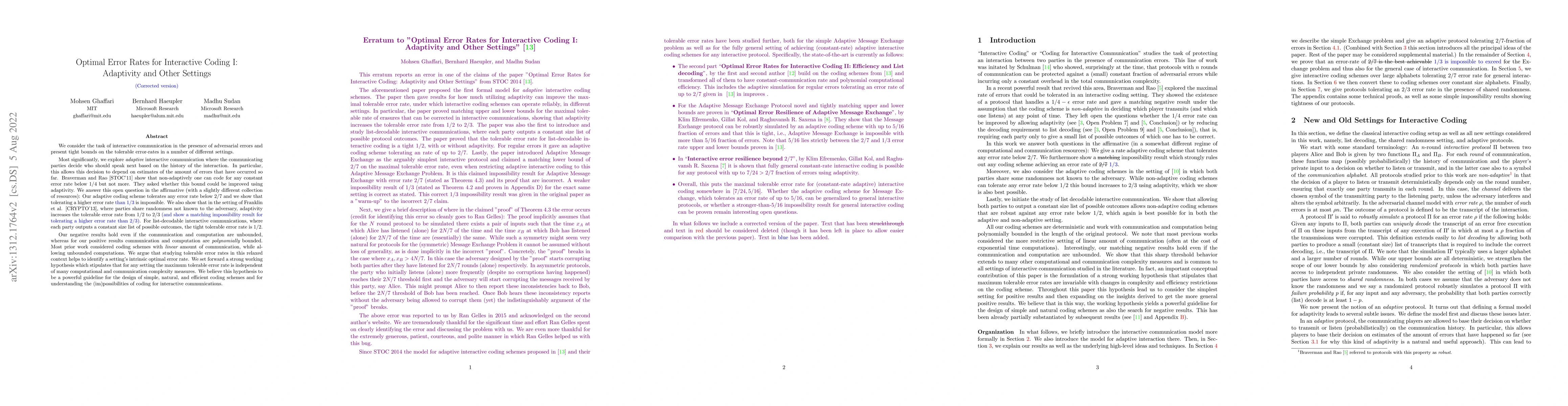 Thumbnail for Optimal Error Rates for Interactive Coding I: Adaptivity and Other
  Settings