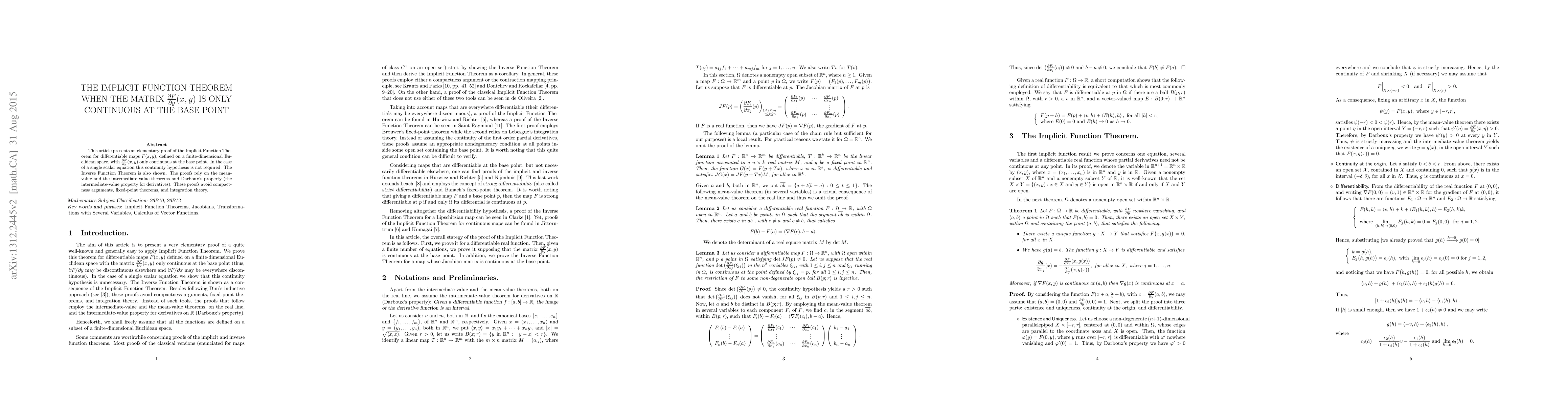 Thumbnail for The Implicit Function Theorem when the matrix $\frac{\partial
  F}{\partial y}(x,y)$ is only continuous at the base point