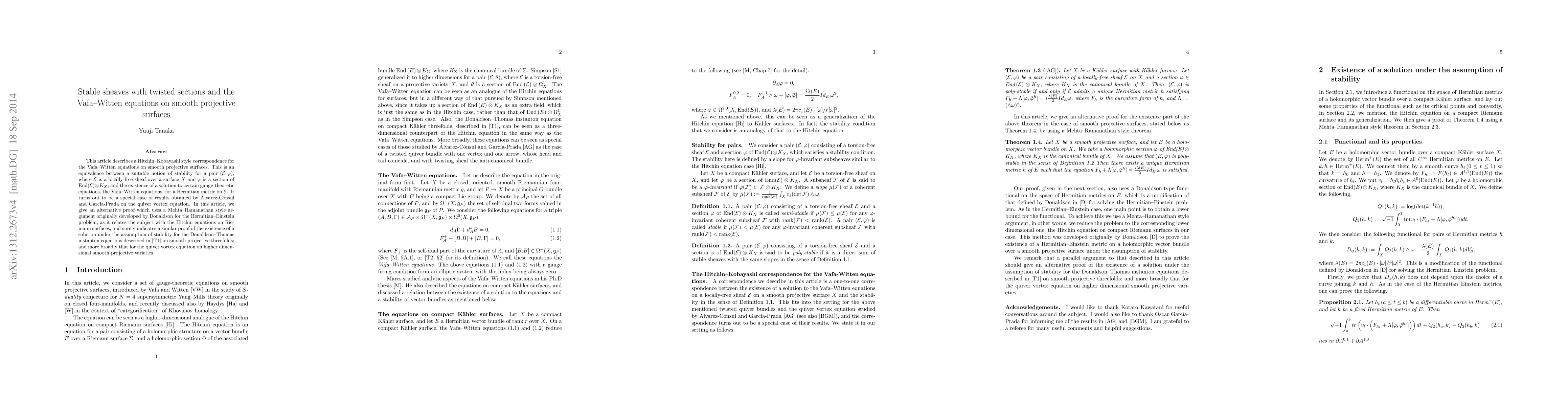 Thumbnail for Stable sheaves with twisted sections and the Vafa-Witten equations on
  smooth projective surfaces