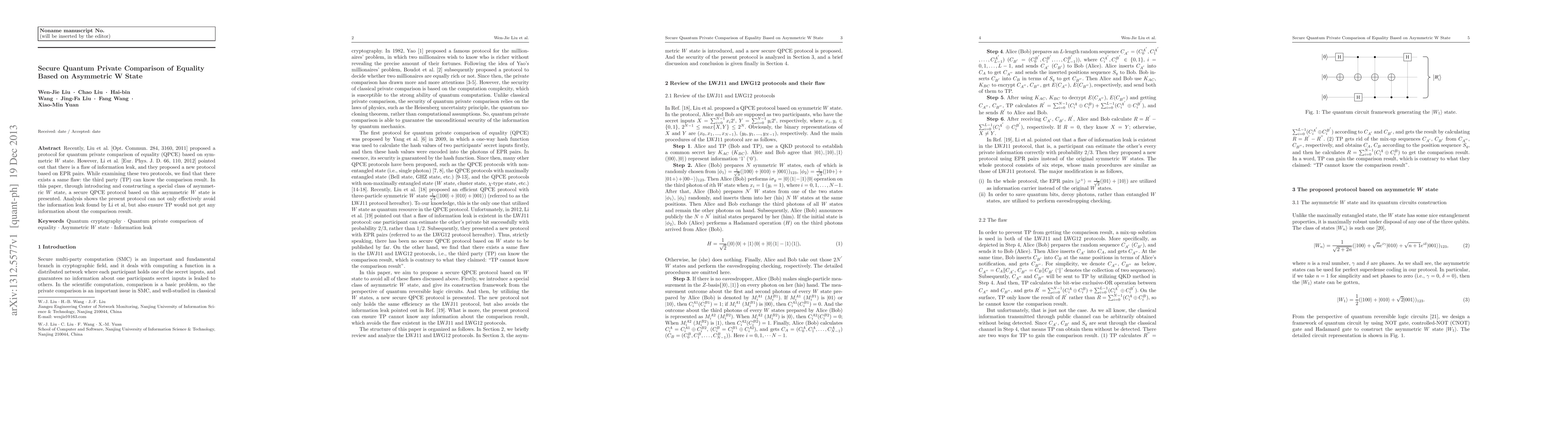 Thumbnail for Secure Quantum Private Comparison of Equality Based on Asymmetric W
  State