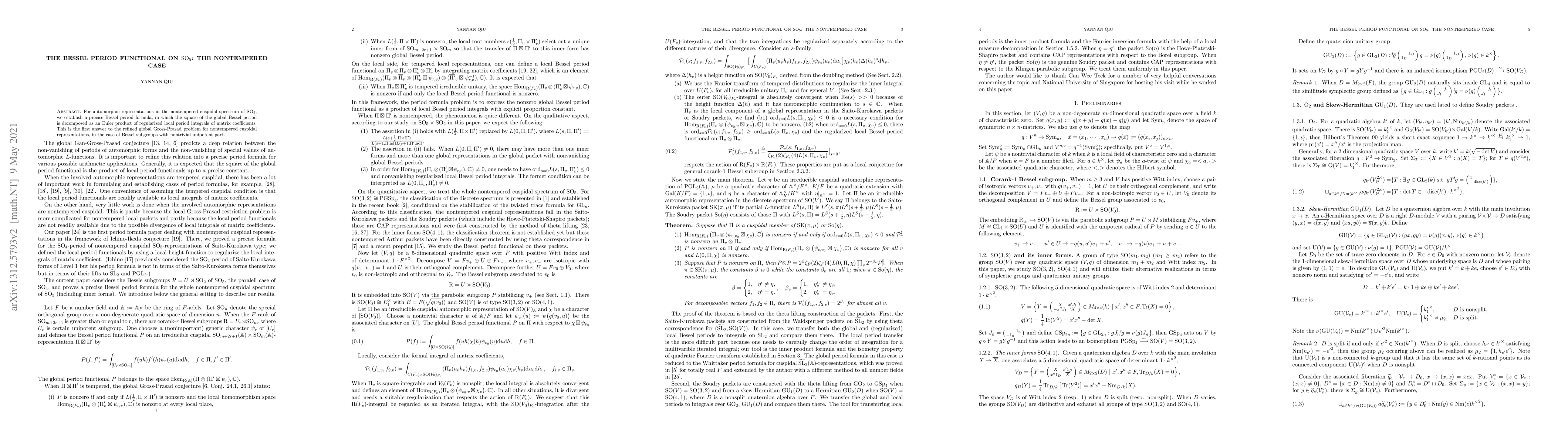 Thumbnail for The Bessel Period Functional on SO(5): The Nontempered Case