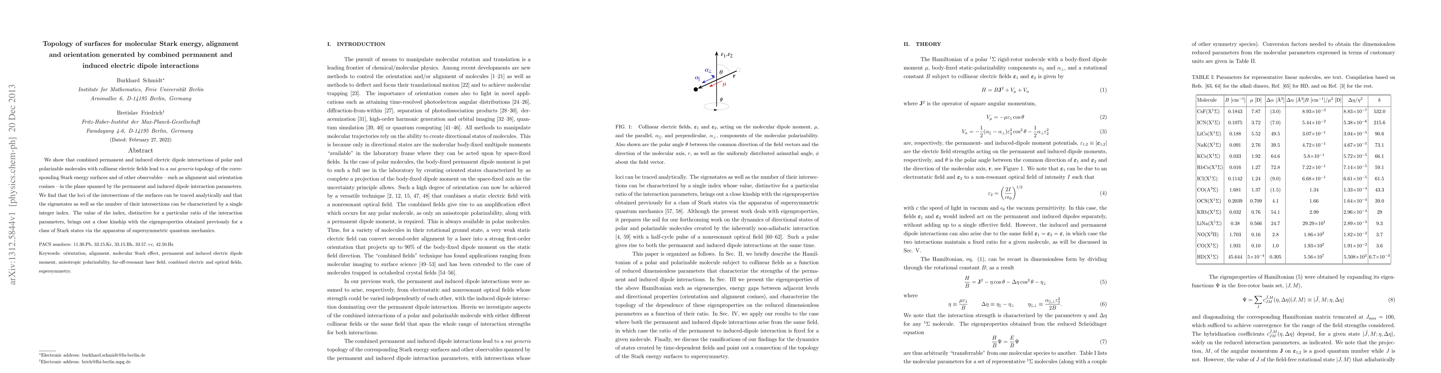 Thumbnail for Topology of surfaces for molecular Stark energy, alignment and
  orientation generated by combined permanent and induced electric dipole
  interactions