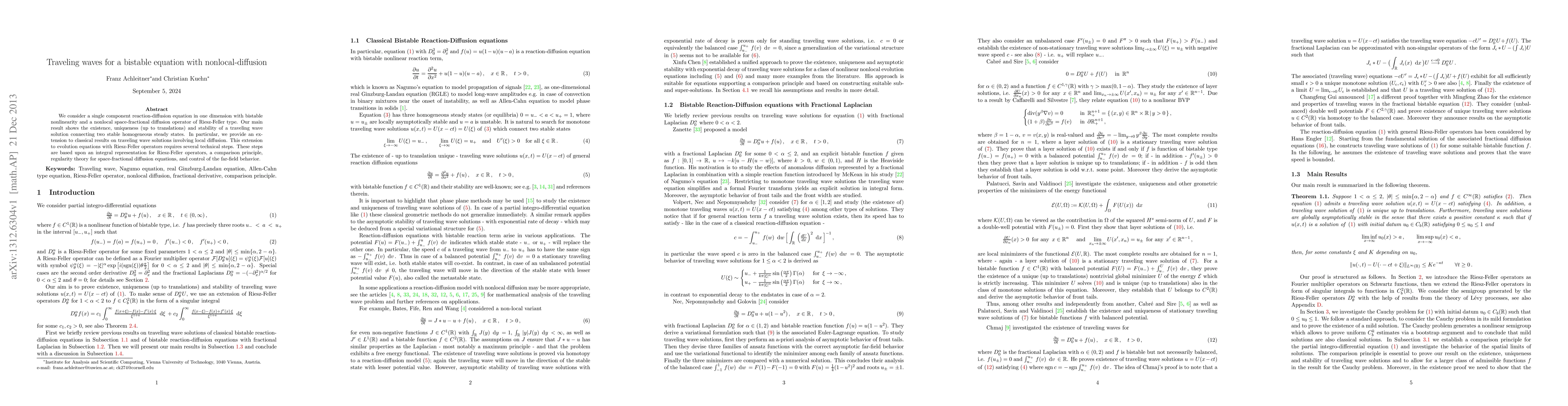 Thumbnail for Traveling waves for a bistable equation with nonlocal-diffusion