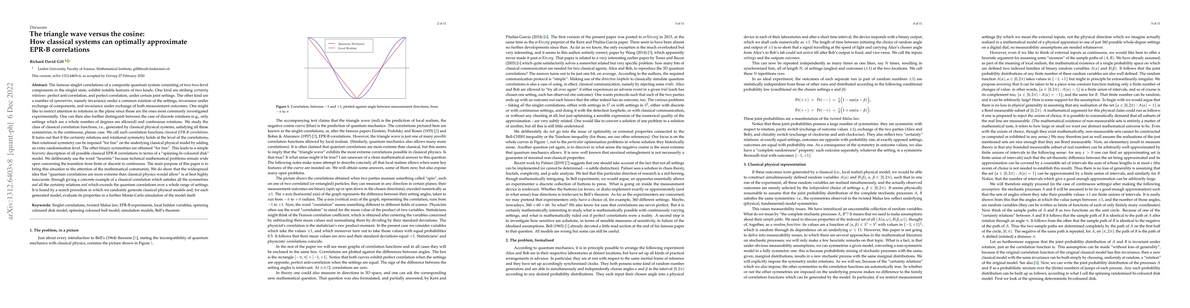Thumbnail for The triangle wave versus the cosine: How classical systems can optimally
  approximate EPR-B correlations