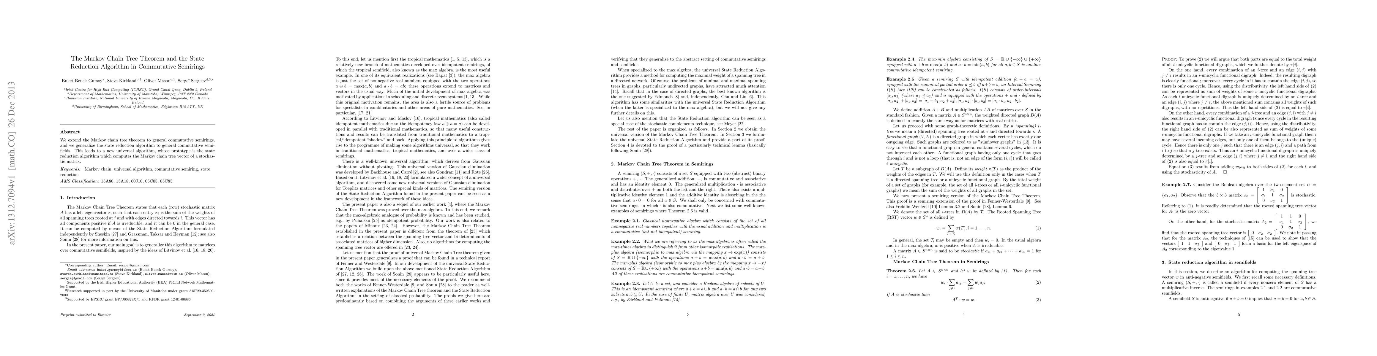 Thumbnail for The Markov chain tree theorem and the state reduction algorithm in
  commutative semirings