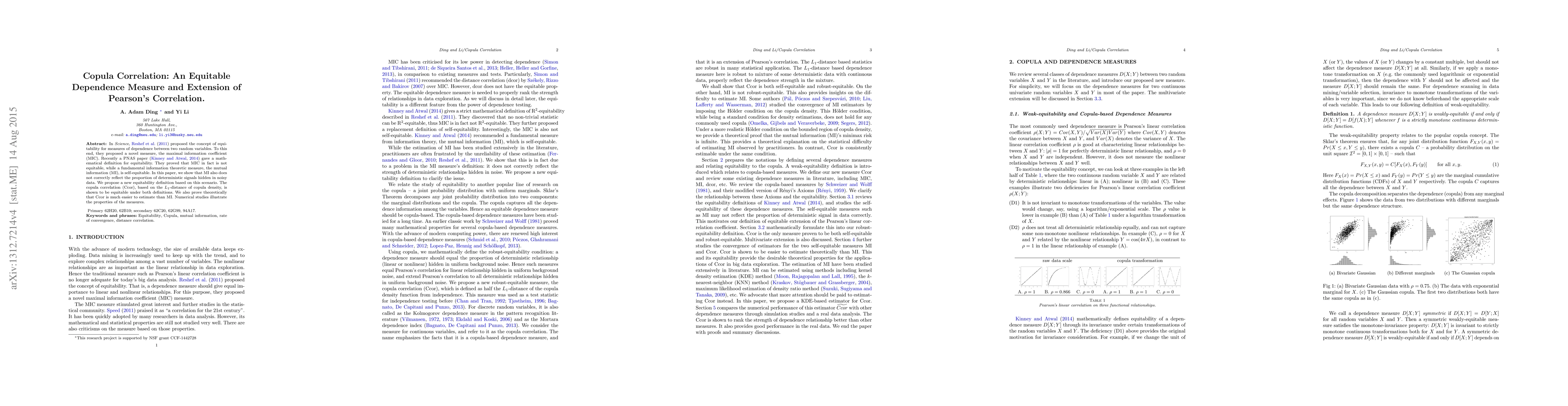 Thumbnail for Copula Correlation: An Equitable Dependence Measure and Extension of
  Pearson's Correlation