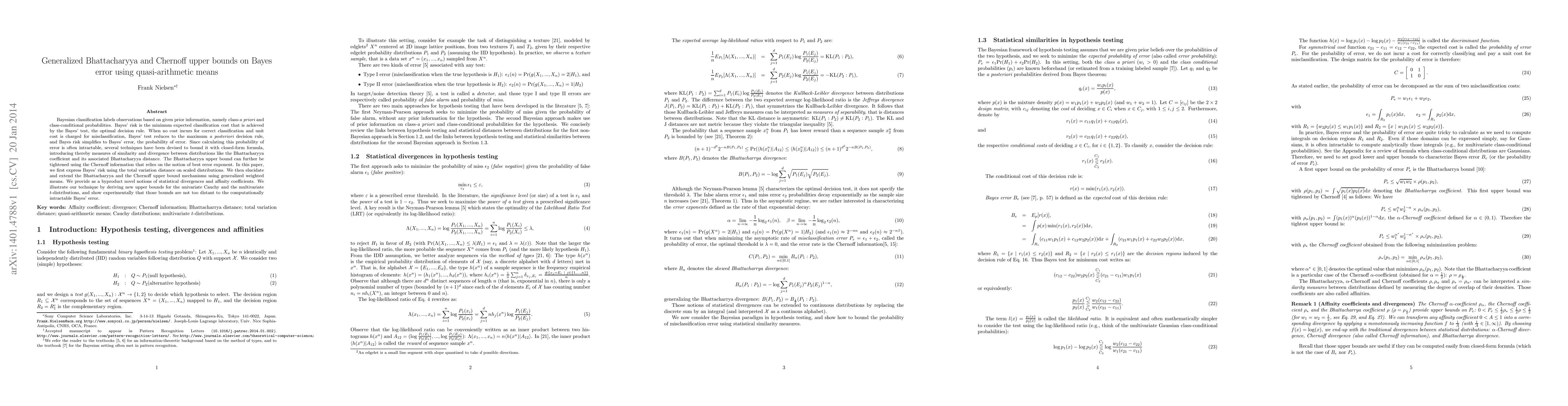 Thumbnail for Generalized Bhattacharyya and Chernoff upper bounds on Bayes error using
  quasi-arithmetic means