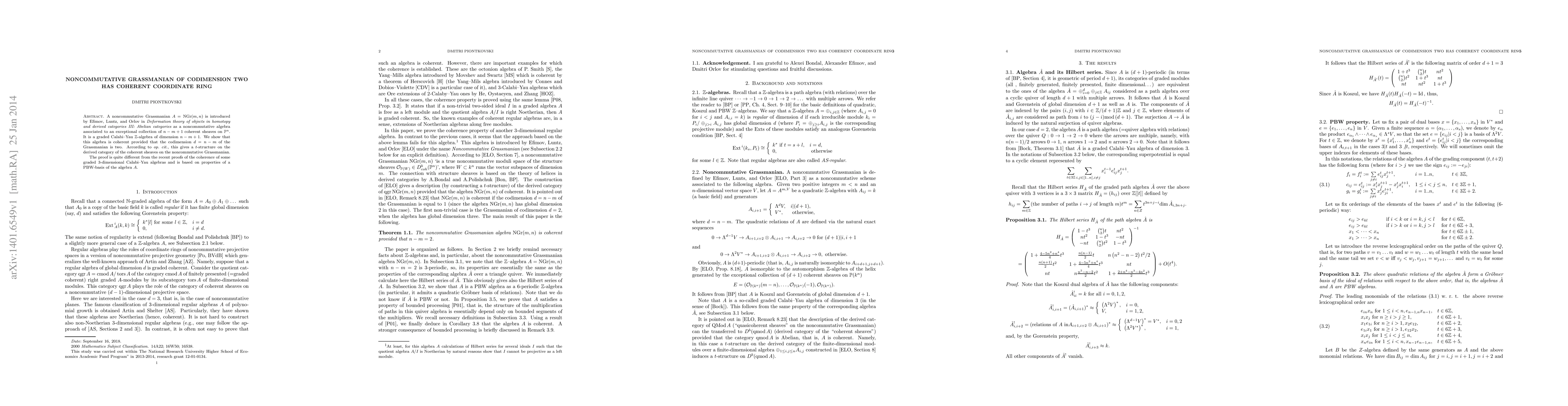 Thumbnail for Noncommutative Grassmannian of codimension two has coherent coordinate
  ring