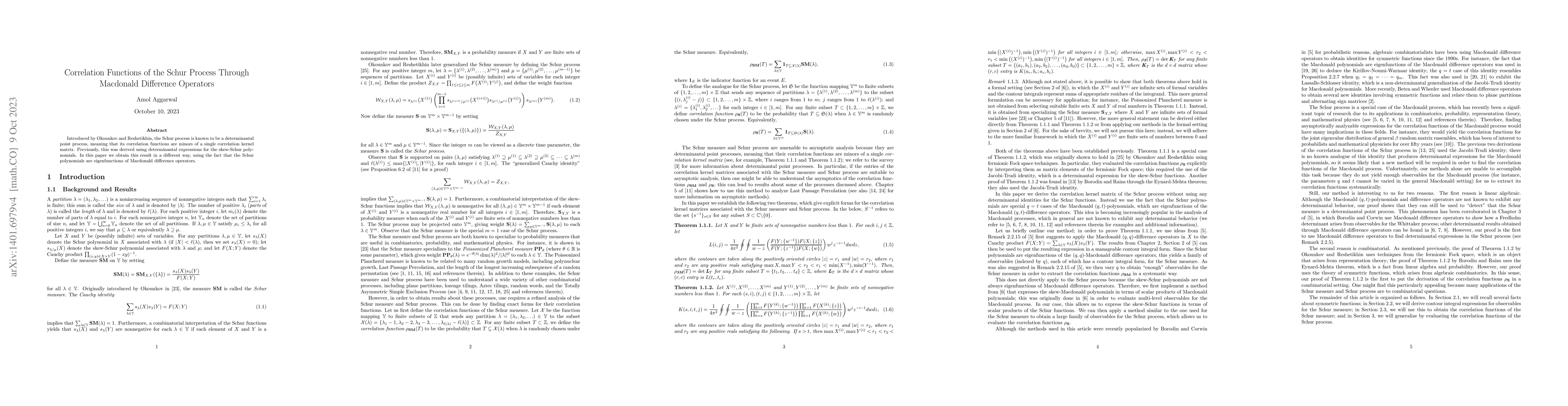 Thumbnail for Correlation Functions of the Schur Process Through Macdonald Difference
  Operators