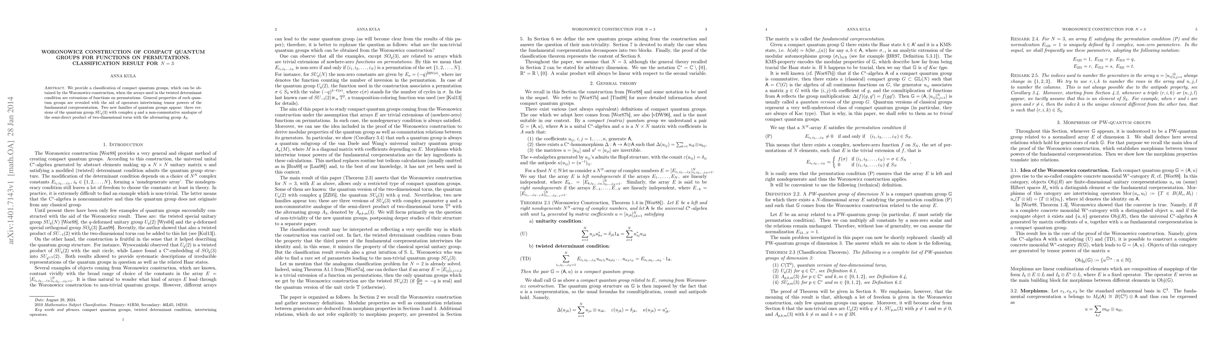 Thumbnail for Woronowicz construction of compact quantum groups for functions on
  permutations. Classification result for N=3