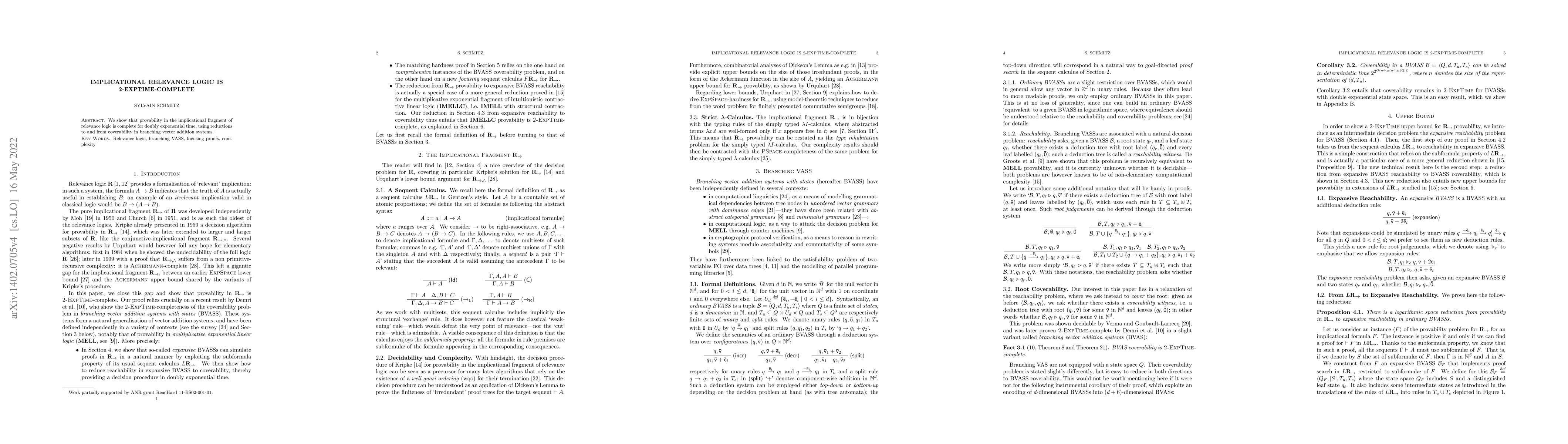 Thumbnail for Implicational Relevance Logic is 2-EXPTIME-Complete