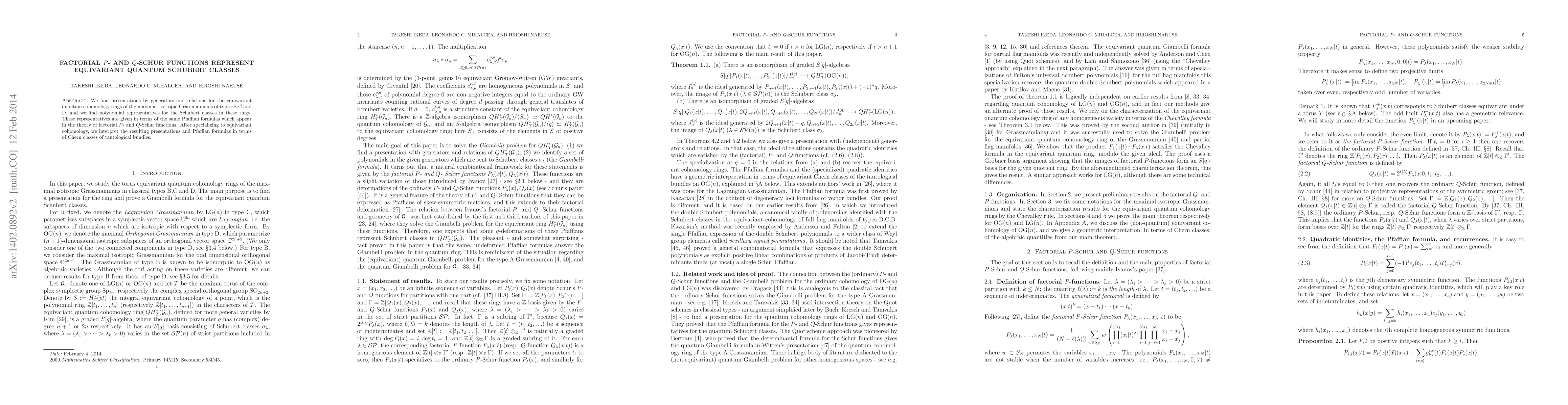 Thumbnail for Factorial P- and Q-Schur functions represent equivariant quantum
  Schubert classes