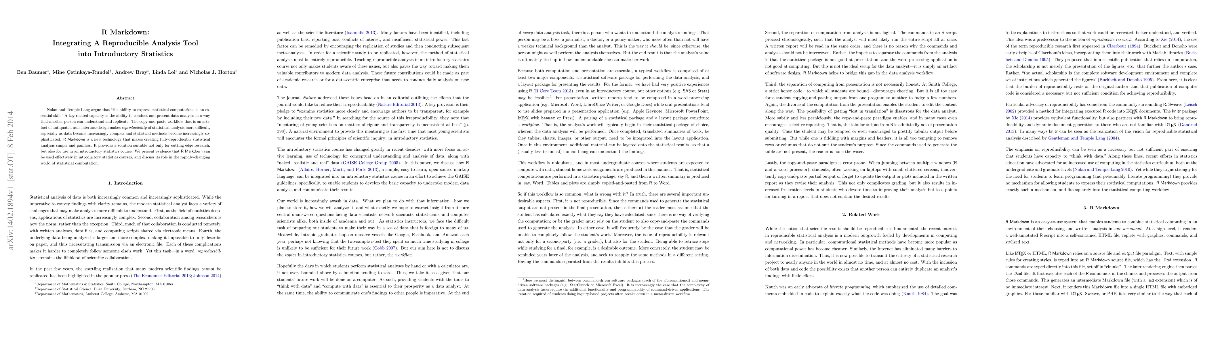 Thumbnail for R Markdown: Integrating A Reproducible Analysis Tool into Introductory
  Statistics