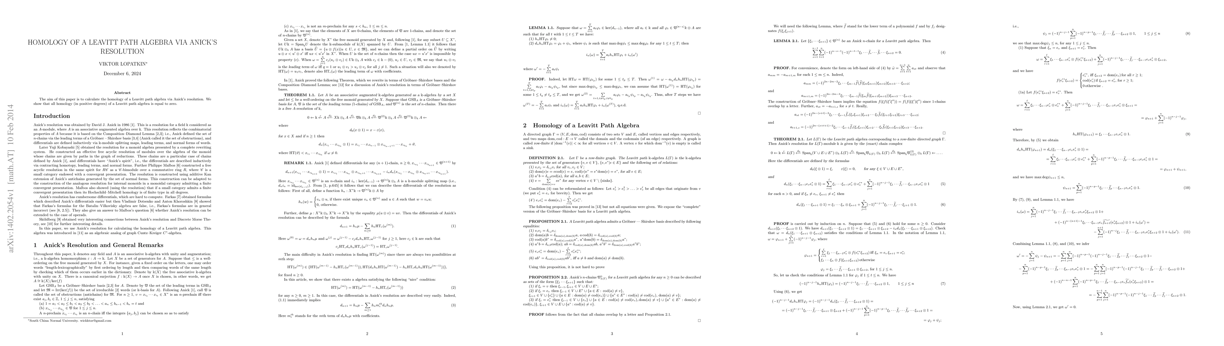 Thumbnail for Homology of a Leavitt Path Algebra via Anick's Resolution