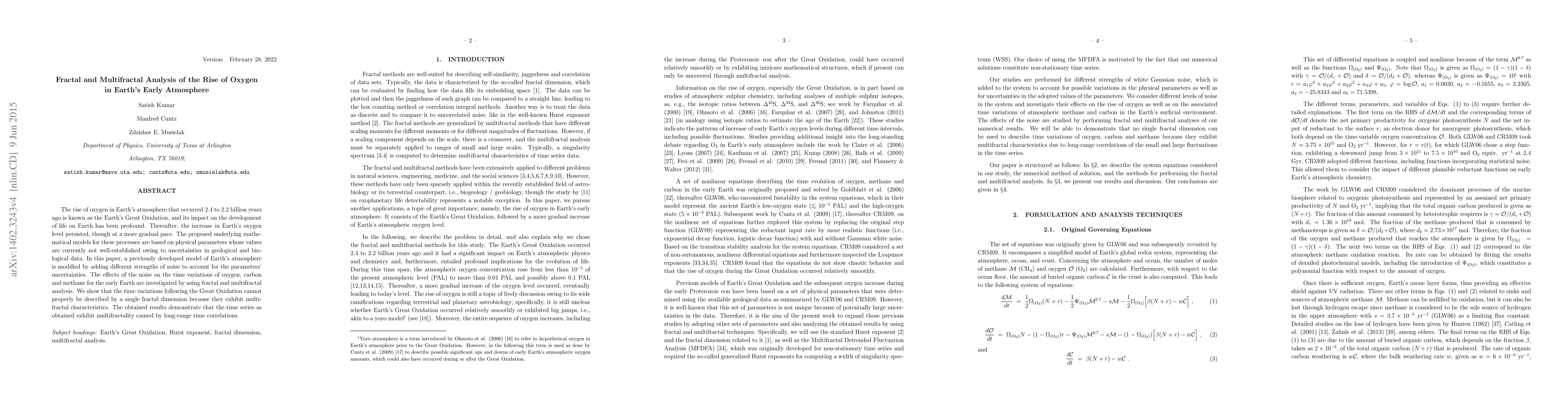 Thumbnail for Fractal and Multifractal Analysis of the Rise of Oxygen in Earth's Early
  Atmosphere