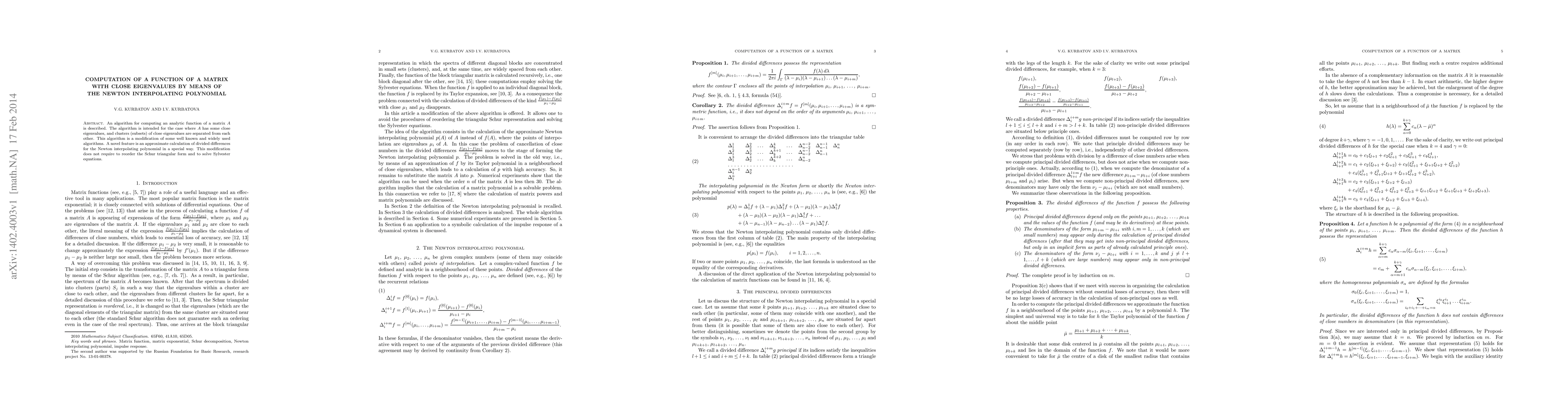 Thumbnail for Computation of a function of a matrix with close eigenvalues by means of
  the Newton interpolating polynomial