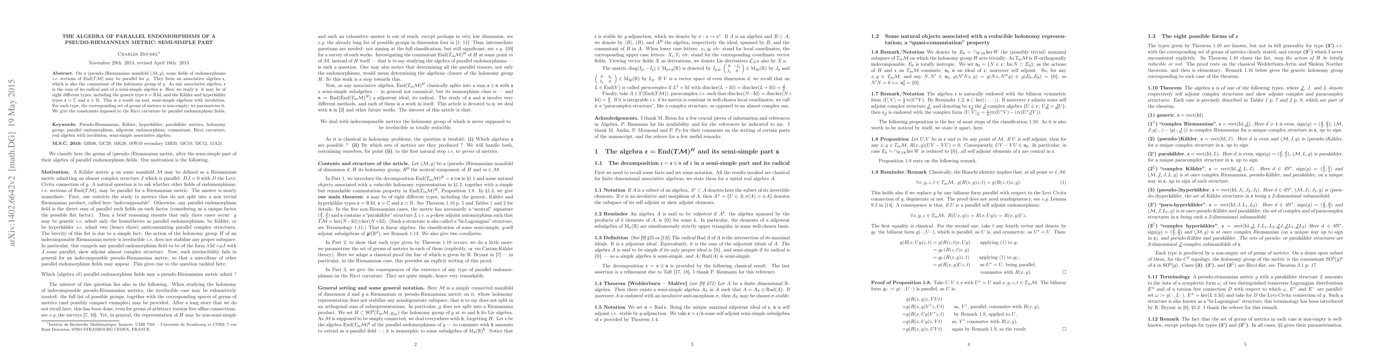 Thumbnail for The algebra of the parallel endomorphisms of a pseudo-Riemannian metric:
  semi-simple part