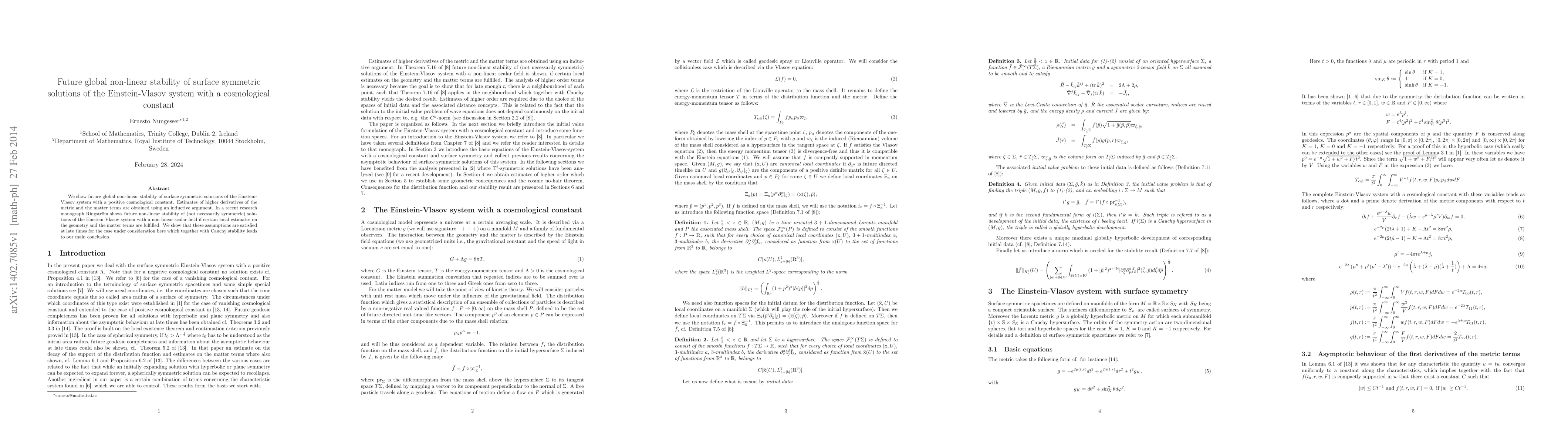 Thumbnail for Future global non-linear stability of surface symmetric solutions of the
  Einstein-Vlasov system with a cosmological constant
