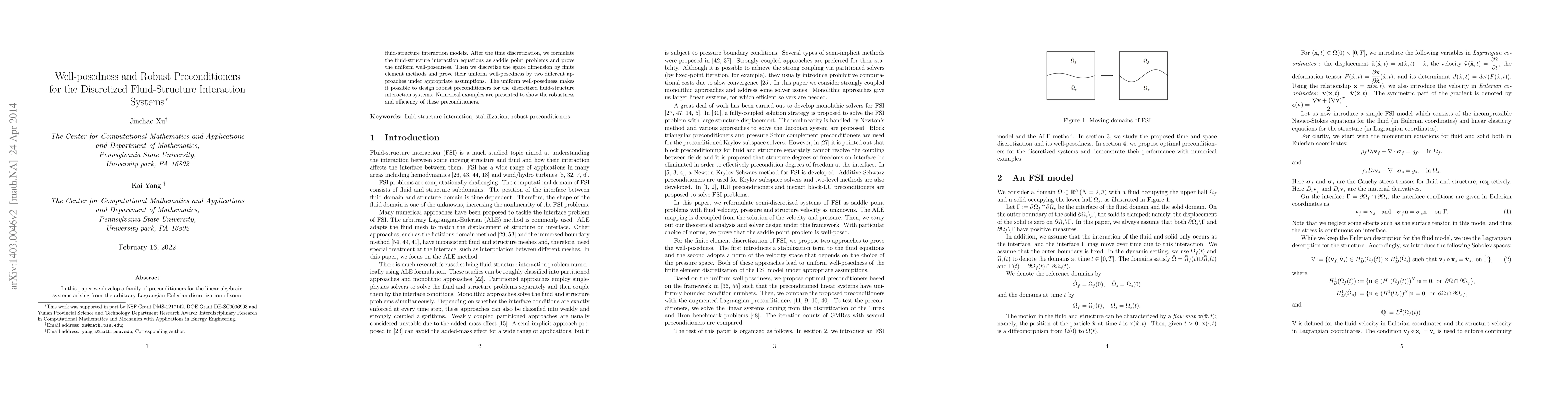 Thumbnail for Well-posedness and Robust Preconditioners for the Discretized
  Fluid-Structure Interaction Systems