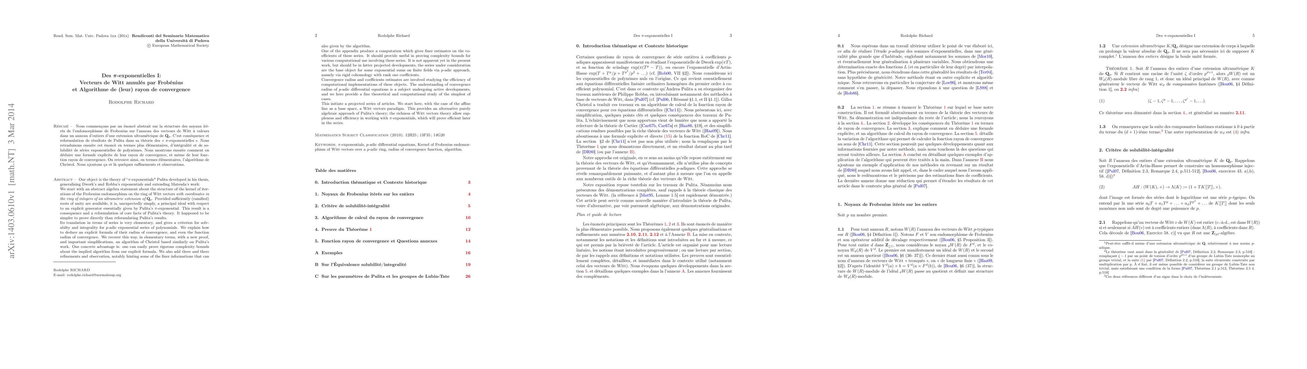 Thumbnail for Sur les {\pi}-exponentielles I : Vecteurs de Witt annul\'es par
  Frobenius et Algorithme de (leur rayon de convergence)