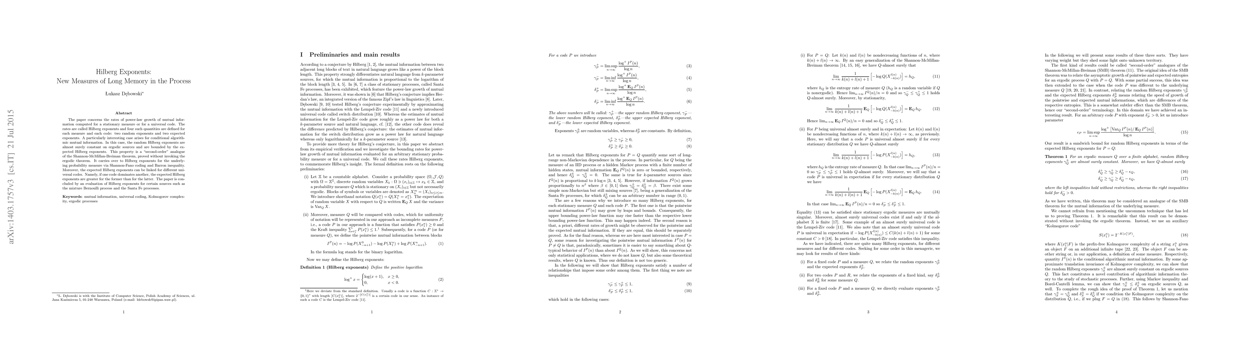 Thumbnail for Hilberg Exponents: New Measures of Long Memory in the Process