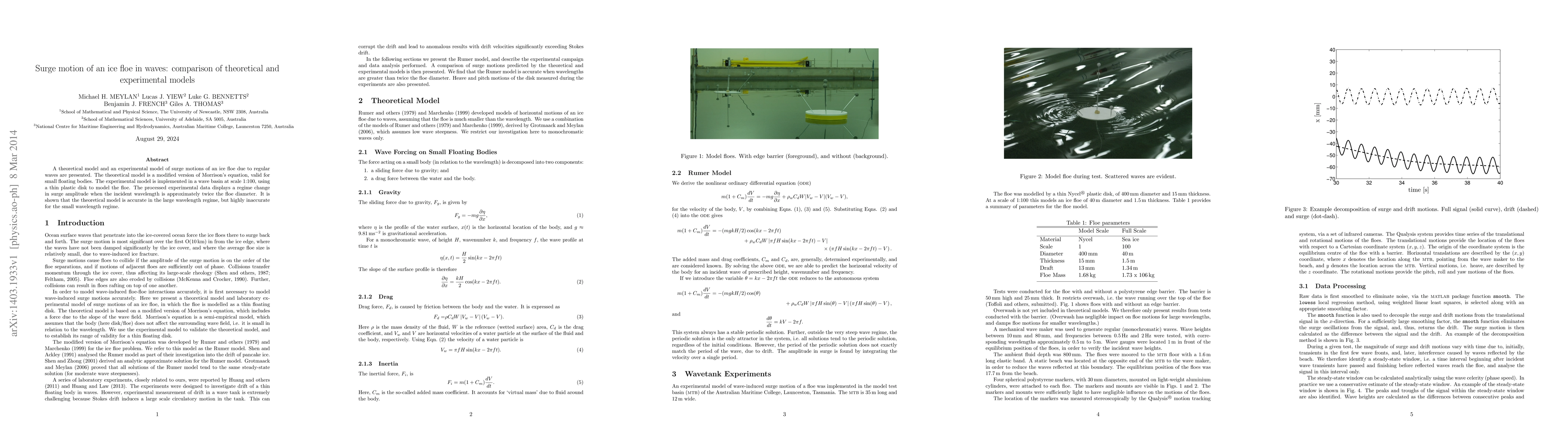 Thumbnail for Surge motion of an ice floe in waves: comparison of theoretical and
  experimental models