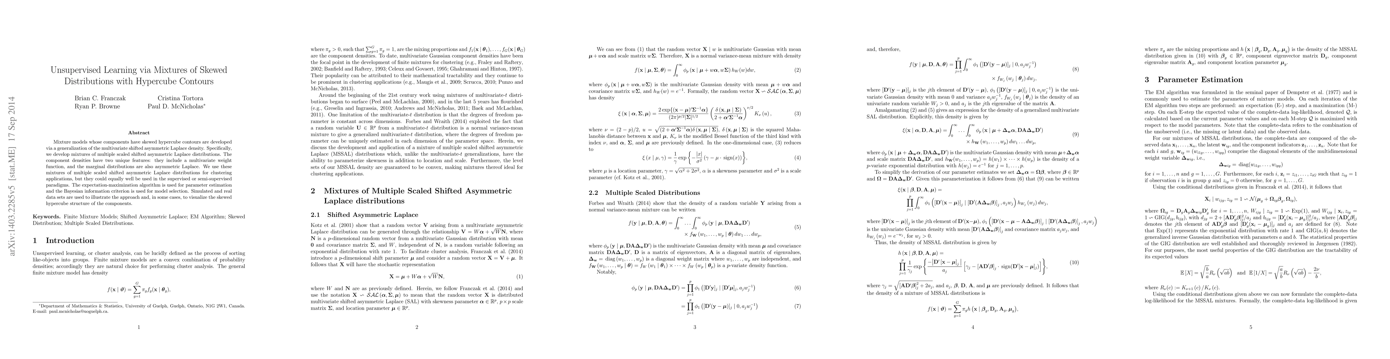 Thumbnail for Unsupervised Learning via Mixtures of Skewed Distributions with
  Hypercube Contours