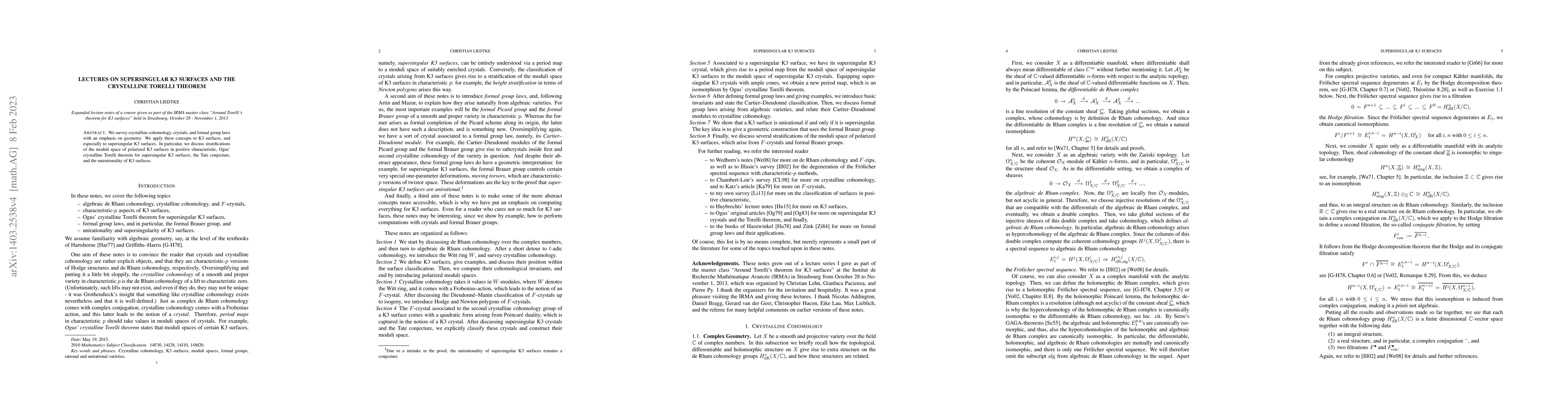 Thumbnail for Lectures on Supersingular K3 Surfaces and the Crystalline Torelli
  Theorem