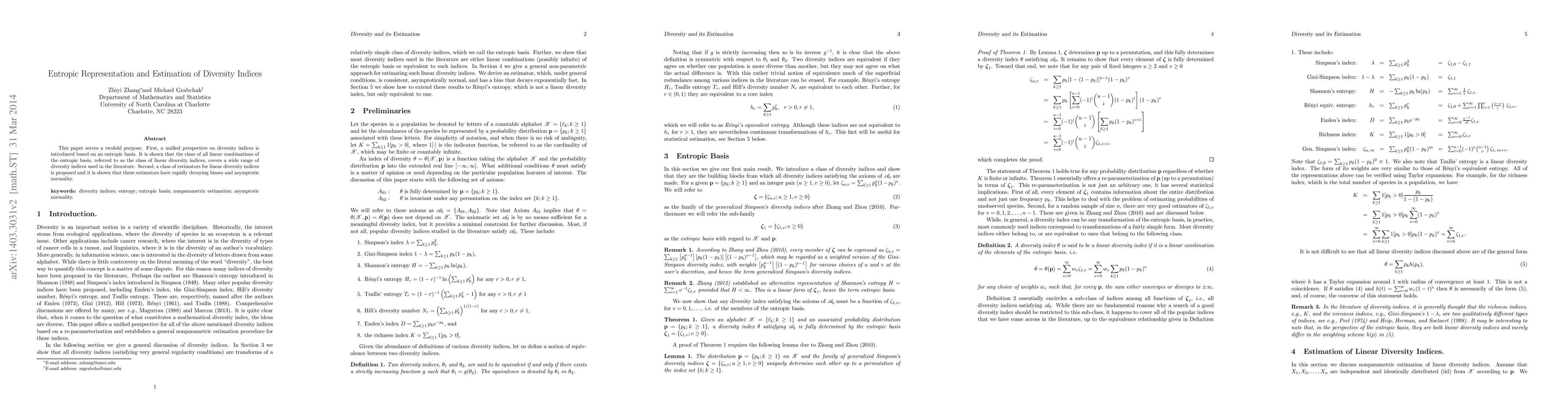 Thumbnail for Entropic Representation and Estimation of Diversity Indices