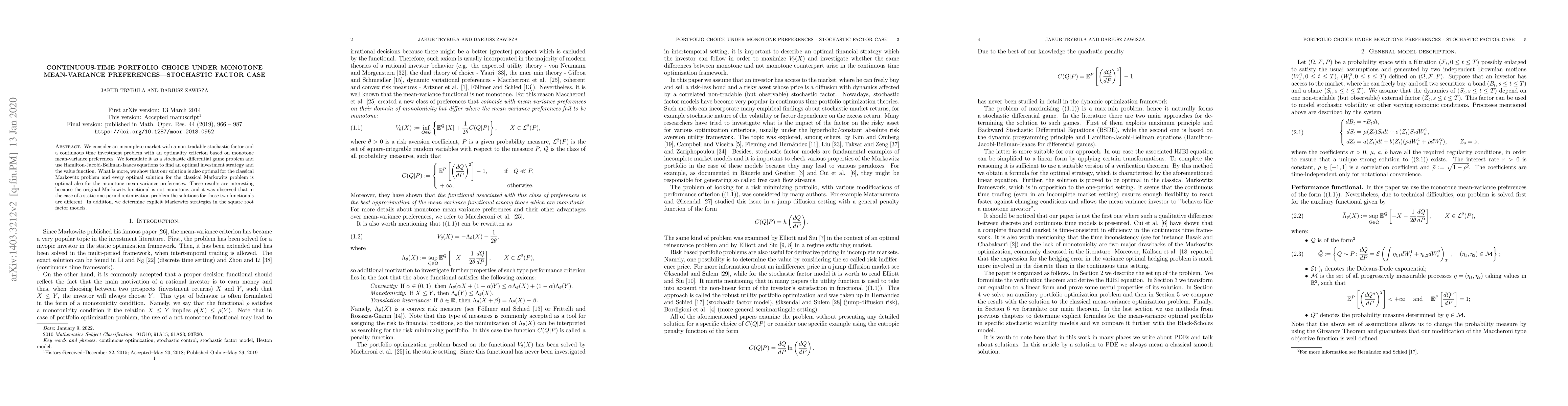 Thumbnail for Continuous-Time Portfolio Choice Under Monotone Mean-Variance
  Preferences-Stochastic Factor Case
