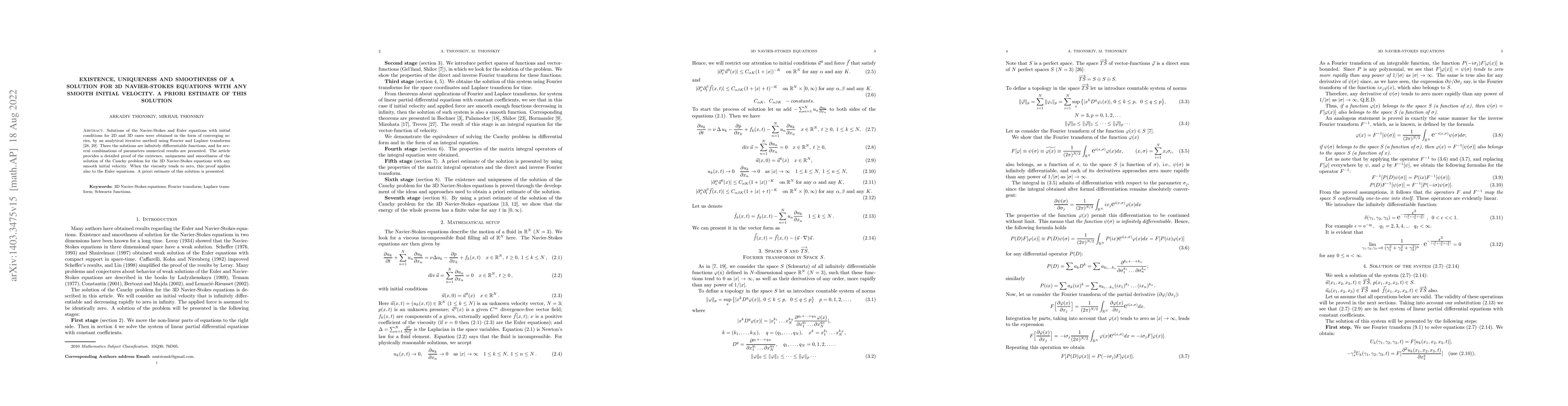 Thumbnail for Existence, uniqueness and smoothness of a solution for 3D Navier-Stokes
  equations with any smooth initial velocity. A priori estimate of this
  solution
