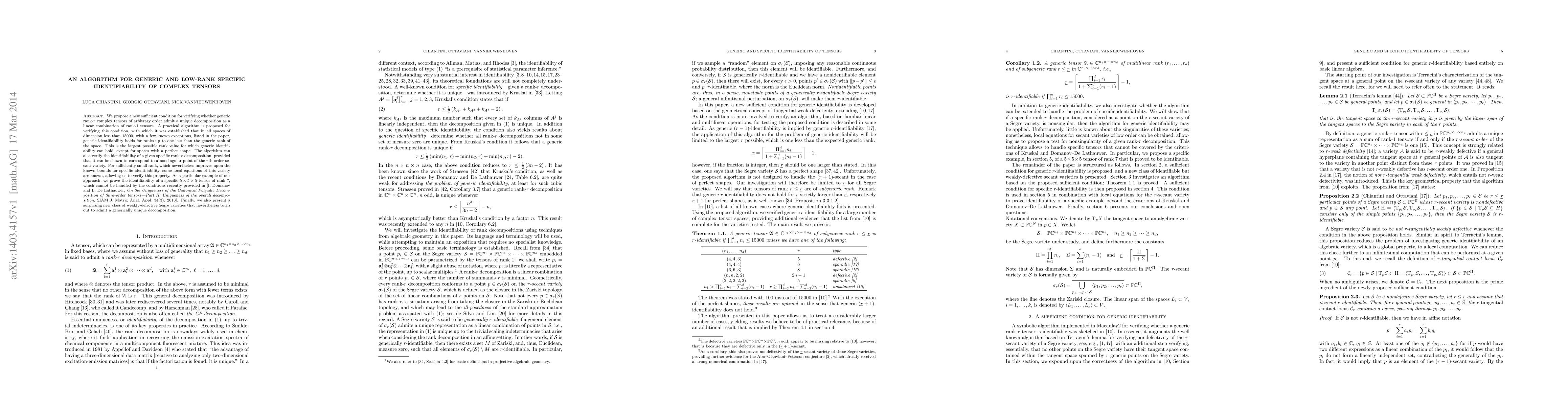 Thumbnail for An algorithm for generic and low-rank specific identifiability of
  complex tensors